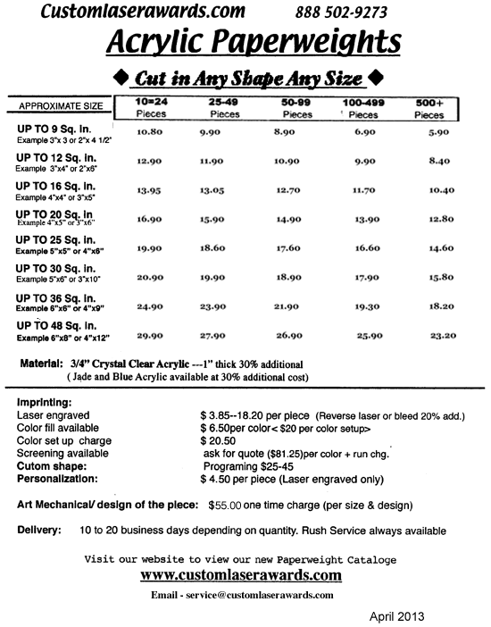 acrylic paperweight price chart
